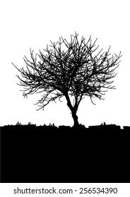 Silhouette of tree with bare branches - winter scenery - trees and city afar- landscape and black space for text - isolated - vector