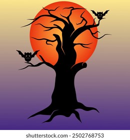 Silhouette tree bats halloween vector illustration