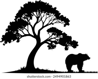 silhouette of a tree with bear animal, bear silhouette, grizzly bear, polar bear, baaloo