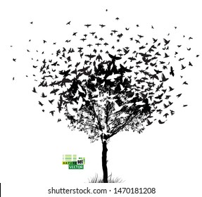 The silhouette of a tree with birds flying. Vector illustration