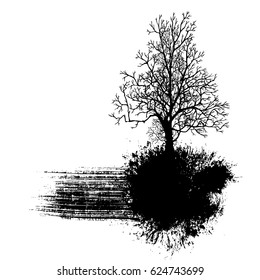 Silhouette of tree and black brush strokes, vector object for background. Impression of an artistic brush, isolated. Smears in ink. Background.