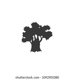Silhouette of tree, black icon, concept for logo, vector illustration, flat, thick trunk, wide tree crown
