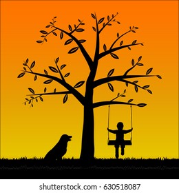 Silhouette Tree and The boy on the swing and his dog