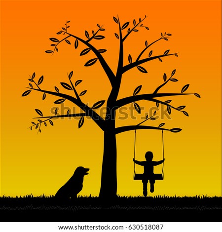 Silhouette Tree and The boy on the swing and his dog