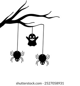 Silhouette of a tree branch with hanging spiders and ghost silhouettes. Halloween Symbol, Decoration concept, Spooky Design, Halloween Flat Vector Illustration