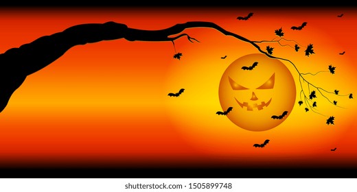 Silhouette of a tree branch on the background of the ominous sky of Halloween with the moon and bats