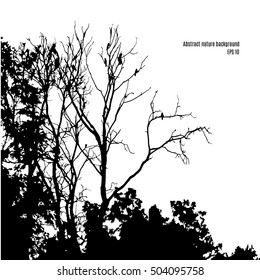 Silhouette of tree branches with birds on it isolated on white background. Natural abstract monochrome backdrop. Vector illustration