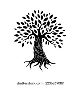 Silhouette of a tree with branches, leaves and roots. Vector illustration, logo of the black olive tree icon.