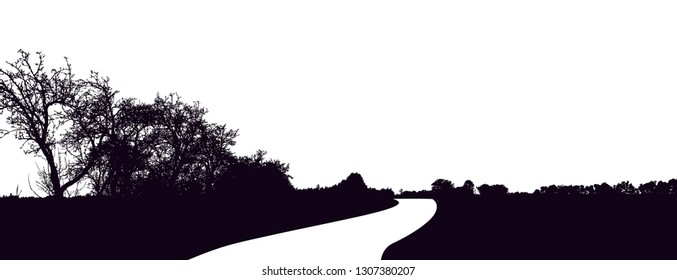 Silhouette of tree, bush with bare branches and road or river. Winter scenery trees afar landscape and black space for text, isolated vector
