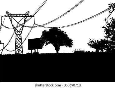 Silhouette of tree, bush with bare branches with electricity transformer and billboard afar. Winter scenery trees afar landscape and black space for text, isolated vector