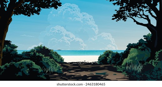 Árbol de silueta con arbusto en primer plano tienen la playa y el fondo azul tropical del mar gráfico ilustrado. Concepto de viaje de vacaciones diseño plano.