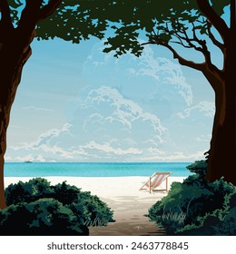 Silhouette tree with bush foreground have the beach, chair and tropical blue sea square background graphic illustrated. Vacation traveling concept flat design.