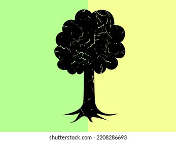 Silhouette eines Baumes mit einer Krone und einer Wurzel auf gelb-grünem Hintergrund. Vektorflache Illustration mit Manschetten und Kratzern.