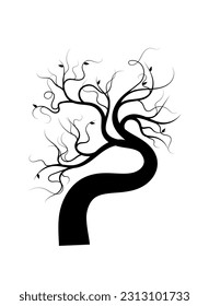 Silhouette tree with curve shape and some leaves, graphic element design, on white background.