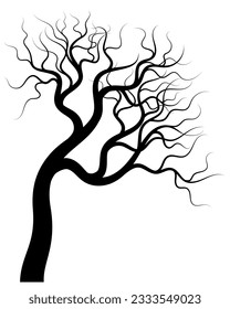 Silhouette tree in curve shape of stem and branches isolated on white background.
