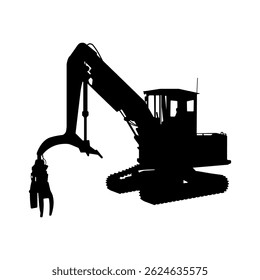 Silhouette of a tree cutting excavator machine