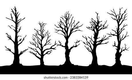 silhouette of a tree. silhouette of dead tree vector illustration. silhouette of trees and branches without leaves. Bare Tree silhouette. Black Branch Tree vector.