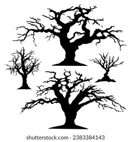 silhouette of a tree. silhouette of dead tree vector illustration. silhouette of trees and branches without leaves. Bare Tree silhouette. Black Branch Tree vector.