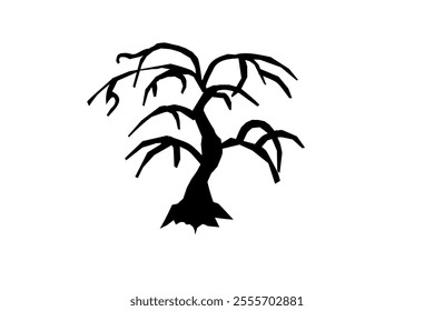 Silhouette of a tree with eerie drooping branches.