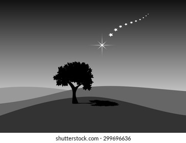 A silhouette of a tree and a falling star, greyscale