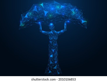 The silhouette of a tree with a female body. Polygonal construction of lines and points. Blue background.