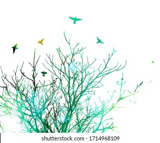The silhouette of a tree with flying birds. Mixed media. Vector illustration