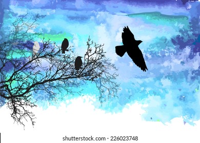 Silhouette of a tree with flying birds on background sky. Vector 