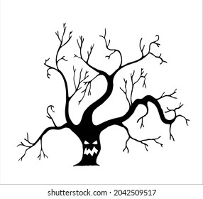 Silhouette of a tree with a funny face on a white background. Halloween. Vector illustration