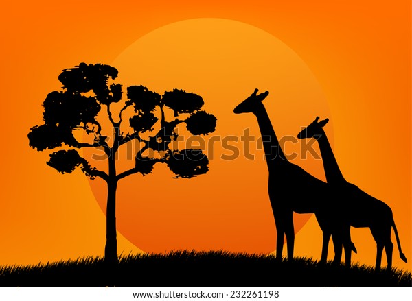 Silhouette Tree Giraffe On Sunset Stock Vector (Royalty Free) 232261198