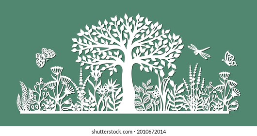 Silhouette de árbol, hierba y flores. Hermoso césped con campanas, tulipanes, lavanda, hojas y ramas. Las mariposas y la libélula vuelan. Plantilla vectorial para corte láser de papel, cnc.