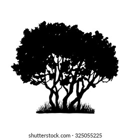 Silhouette of tree and grass, hand drawn vector illustration