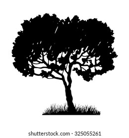 Silhouette of tree and grass, hand drawn vector illustration