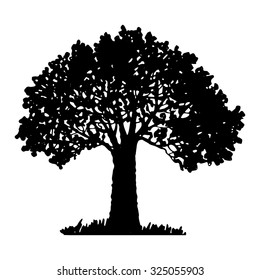 Silhouette of tree and grass, hand drawn vector illustration