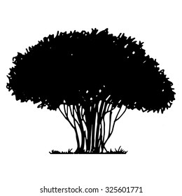 Silhouette of tree and grass, hand drawn vector illustration