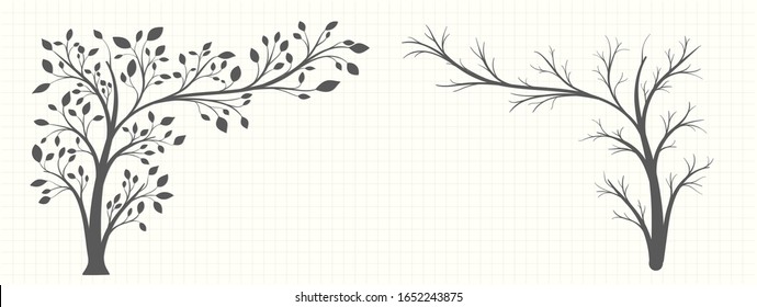 Silhouette of a tree in a gray tone in two versions on a notebook page in vintage style