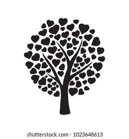 Silhouette tree with hearts on white background. Romantic and family tree. Love and valentine day concept.