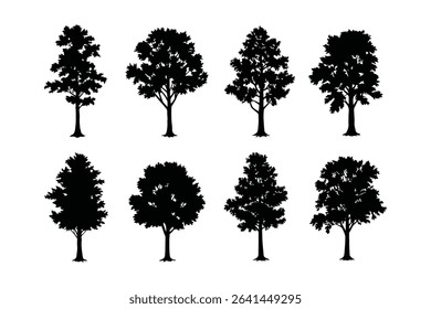 "Silhouette Tree Icons Set – Vector Collection of Deciduous Tree Shapes for Nature and Landscape Design"

