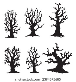 silueta de un árbol aislado. Árbol muerto aislado en el fondo blanco. Siluetas de árboles muertos.	