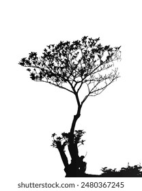 Silhouette of a tree isolated on white background. Tree vector art. One Main branch is tree damage, Deforestation. Environment.