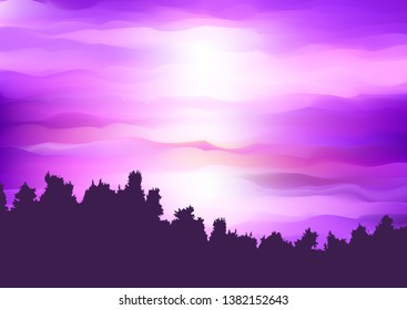 Silhouette of a tree landscape against an abstract purple sunset sky