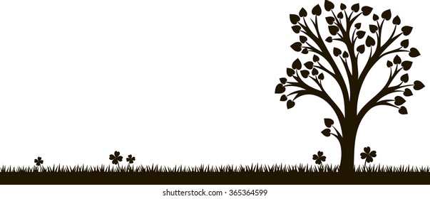 silhouette of tree with leaves at grass, vector illustration