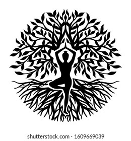 Silhouette of Tree of life with girl practicing yoga. 