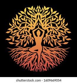 Silhouette of Tree of life with girl practicing yoga. 