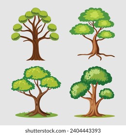 silhouette tree line drawing set, Side view, set of graphics trees elements outline symbol for architecture and landscape design drawing. Vector illustration in stroke fill in white. Tropical