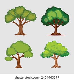 silhouette tree line drawing set, Side view, set of graphics trees elements outline symbol for architecture and landscape design drawing. Vector illustration in stroke fill in white. Tropical