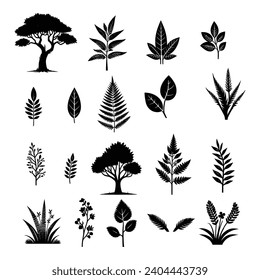 silhouette tree line drawing set, Side view, set of graphics trees elements outline symbol for architecture and landscape design drawing. Vector illustration in stroke fill in white. Tropical 
