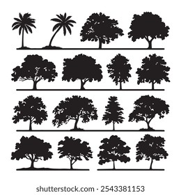 silhueta conjunto de desenho de linha de árvore, elementos de árvores de gráficos símbolo de contorno para arquitetura e desenho de design de paisagem Ilustração de vetor em traçado preenchimento branco.

