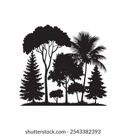 silhouette tree line drawing set, graphics trees elements outline symbol for architecture and landscape design drawing Vector illustration in stroke fill in white