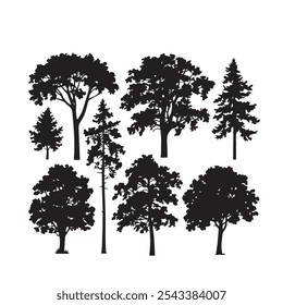 silhouette tree line drawing set, graphics trees elements outline symbol for architecture and landscape design drawing Vector illustration in stroke fill in white.
