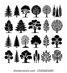 silhouette tree line drawing set of graphics trees elements outline symbol Vector 